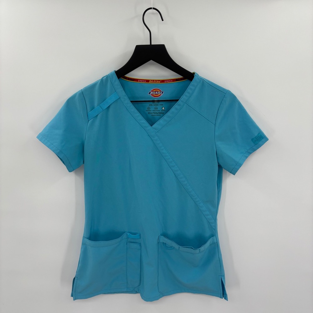 Dickies EDS Scrub‎ Top DK625 Womens XXS Blue Top V Neck Short Sleeve Wrap Style